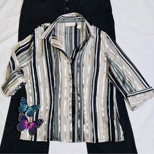 Vintage Metallic Striped button up blouse Sheer Vtg Caviar Secretary Size Small
